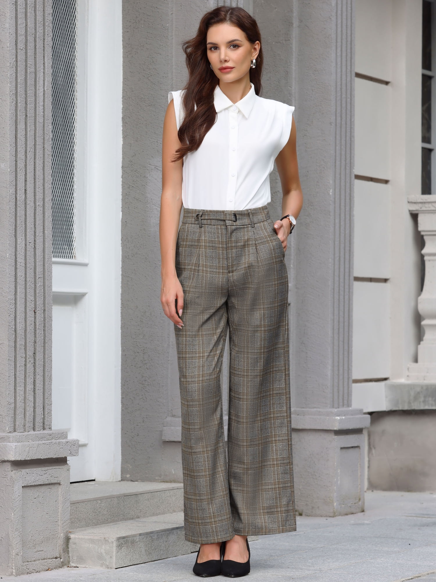 DARING DIVA Women's Plaid Vintage Wide Leg Trousers for Work Medium Grey Brown