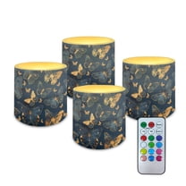 Kuiaobaty Flameless Candles Golden Butterfly Blue Pattern Battery Powered LED Pillar Candle Tealights Home Decoration Remote Set of 4 for Wedding Beach Party Decor 3 x 3 Inches