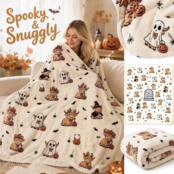 Halloween Home Decorations Highland Cow Ghost Blanket 51.2 x 59.1 Inch, Halloween Decor Soft Throw Blanket, Seasonal Ghost Pattern Blanket for Sofa Bedroom Holiday Display