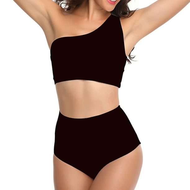 Traje de baño de un solo hombro para mujer, tankini, conjunto de bikini de cintura alta, traje de baño push up de 2 piezas, negro