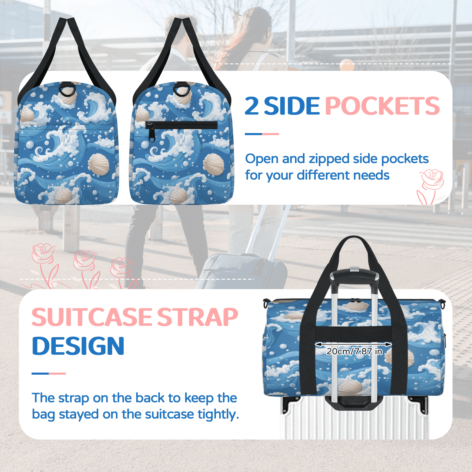 Herdesigns Tropical Seashell Gym Bag for Women, Duffle Bag for Travel Sport, Beach Lightweight Waterproof Carry on Weekender Dance Yoga Workout Bags