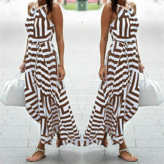 Staron Robes pour Femmes à Bretelles Spaghetti Robe d'Été Boho Maxi Sans Manches Longue Robe de Plage Bohème à Rayures Soirée Fête à Volants Fluide Robes