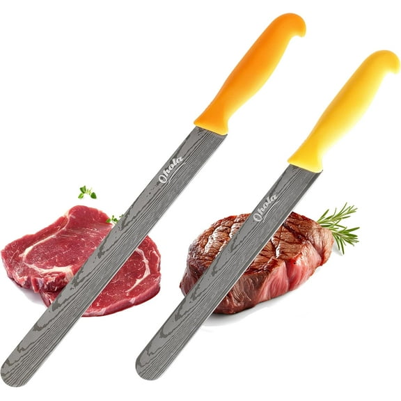 2PCS Brisket Knife, OHOLA 12 inch & 10 Carving Meat knife, Premium Stainless Steel Slicing Knife with Plastic Handle, Great for Smoked Brisket, BBQ Meat, Turkey (Orange+Yellow)