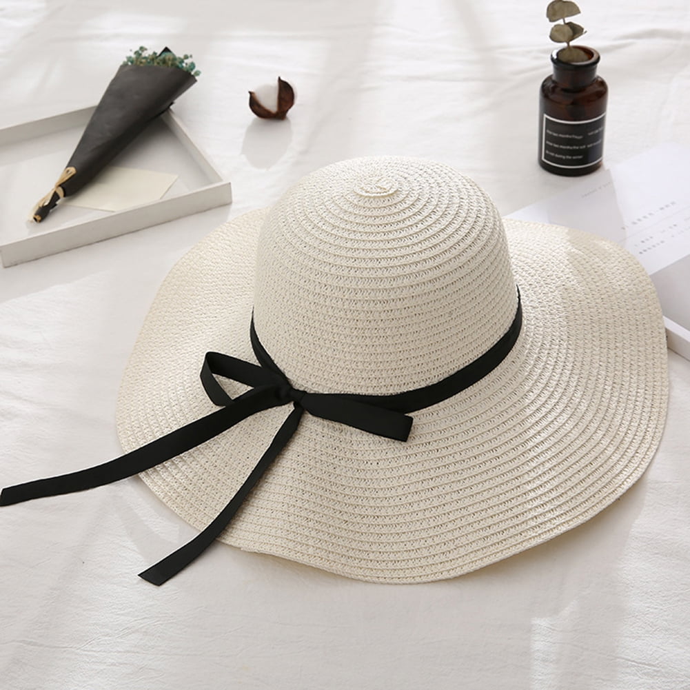 Beach Hats Women Summer Black Blue White Girls Sun Hat Female Large Brim Straw Cap with Bowknot Ribbon 