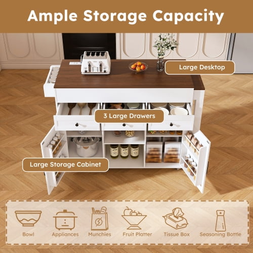 Kitchen Island with Extendable Table, Rolling Kitchen Cart with Storage, Mobile Prep Station with Power Outlet and Wheels, White