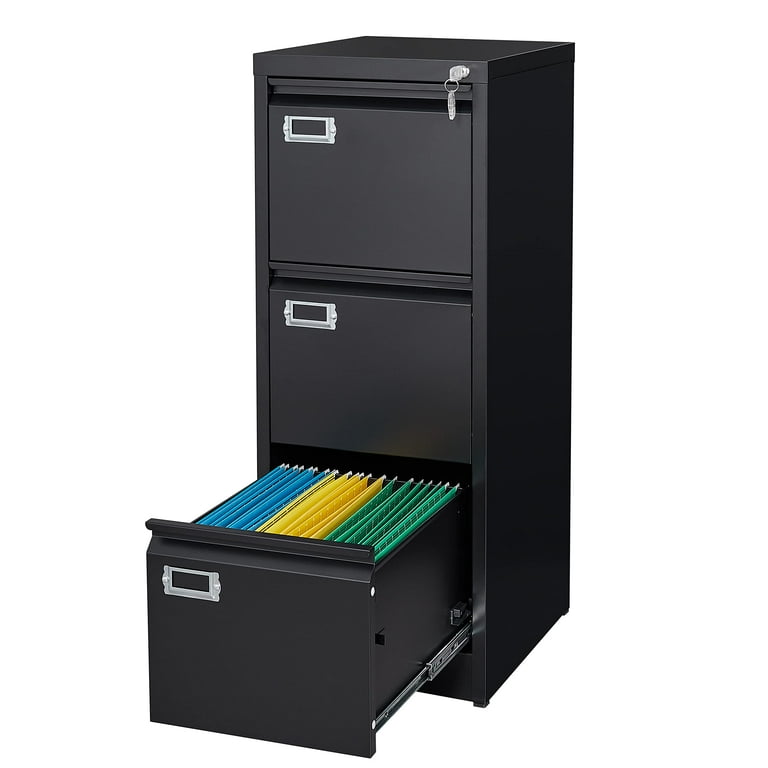 STANI 3 Drawer Black File Cabinet with Lock Filing Cabinets for Home Office Metal Locking Office File Storage Cabinets with Drawers Vertical Small