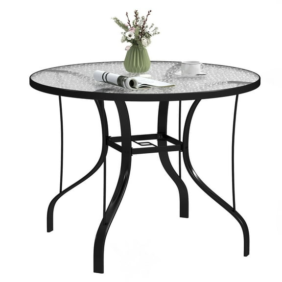 Outsunny 38" Round Patio Table, Tempered Glass Outdoor Dining Table, Black