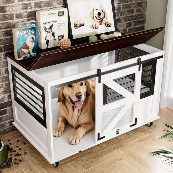 47 inch Dog Crate Furniture with Top-Access Teasing/Feeding Doors, Farmhouse Wooden Decorative Dog Crates with Wheels Dog Crates End Table for Medium&Large Dogs, White