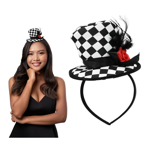 Nicky Bigs Novelties Soft Mini Top Hat Headband Checkered with Feathers & Flower, One Size, Multi-Colored
