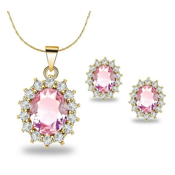 18K Yellow Gold Created Pink Sapphire Oval 4 Ct Necklace 18 inch Plated by Paris Jewelry