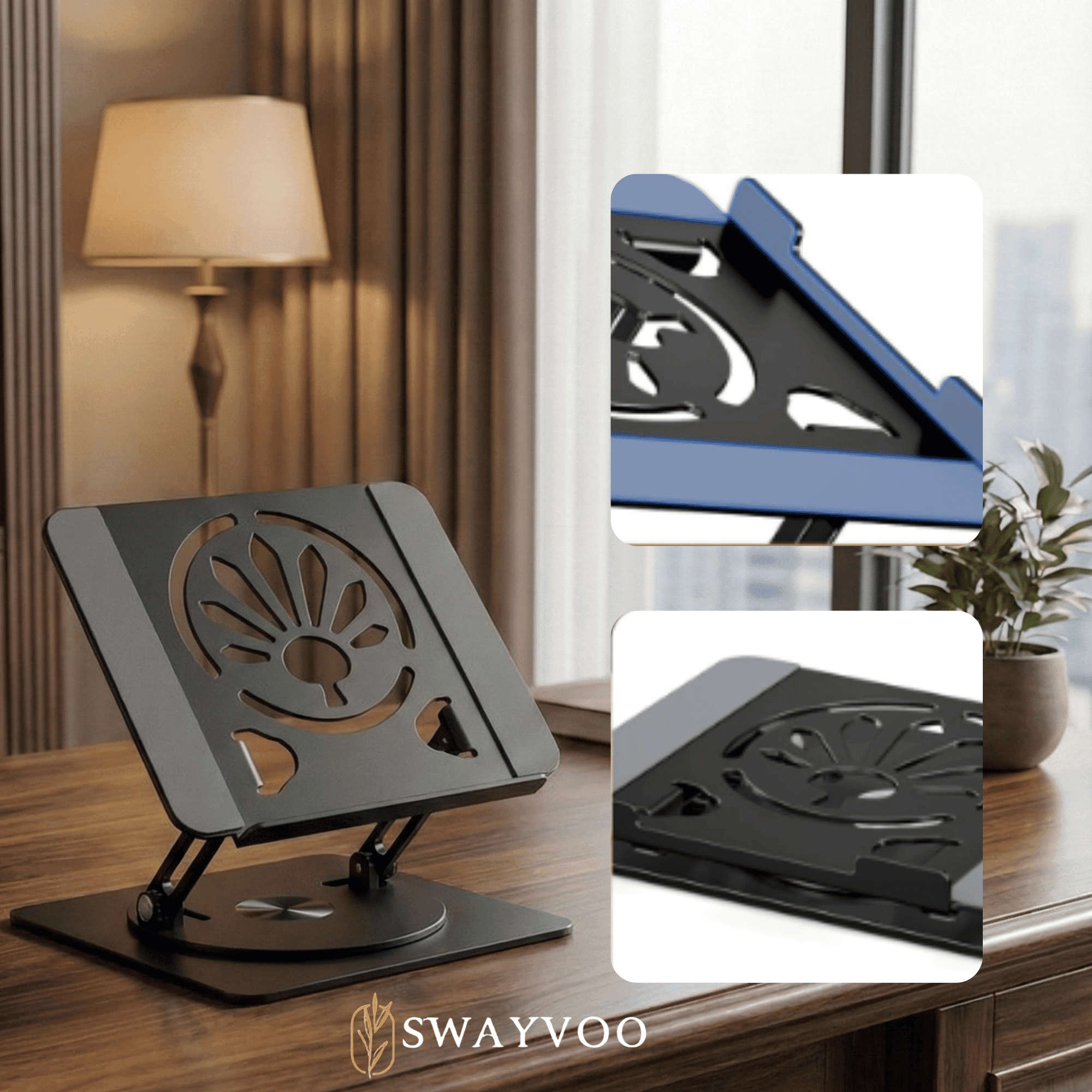 Swayvoo Laptop Stand for Desk, 360° Rotating Ergonomic Laptop Holder — Height Adjustable Foldable Aluminum Computer Stand Compatible with MacBook, Dell, HP, Lenovo, 10–16 Inch Laptops