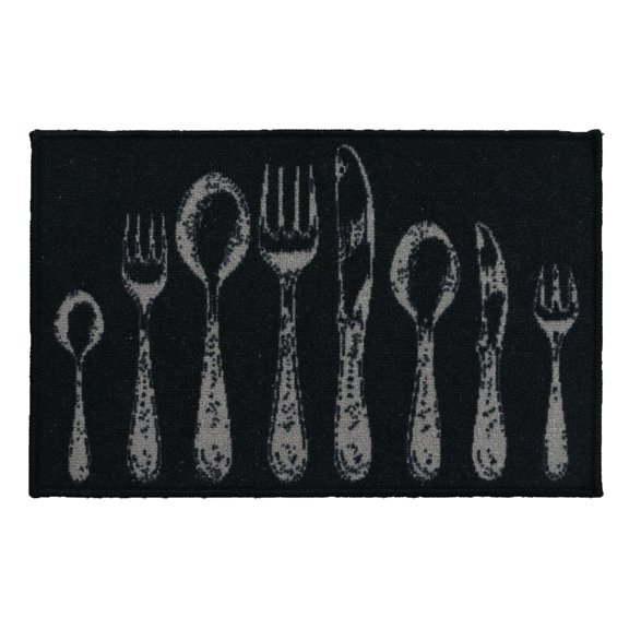 Black Wool-Effect Kitchen Mat with Chic Cutlery Print 32 x 20 Inches