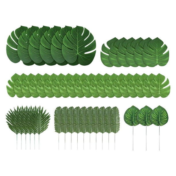90 hojas de tropicales con 6 tipos de hojas artificiales de Monstera, hojas de palma para decoración de aniversario y playa
