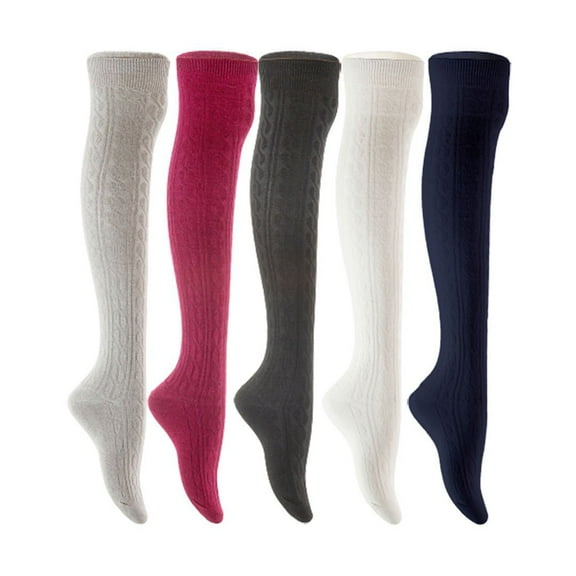 Lian LifeStyle Women's 5 Pair Adorable Comfortable Soft Thigh High Over Knee High Cotton Socks Size 6-9 L1024 Light Grey,Wine,Black,White,Navy
