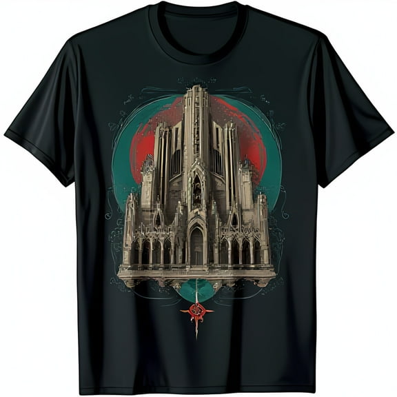 Intricate Gothic Cathedral Graphic Black T-Shirt with Floral Design