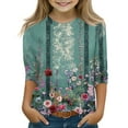 thumbnail image 2 of Drmagiyhm Green Girls 3/4 Sleeve T Shirts Size 10-12 Cute Crewneck Shirt Floral Print T Shirt Casual Fashion Girl Fall Winter Tops 7-8 Years, 2 of 3