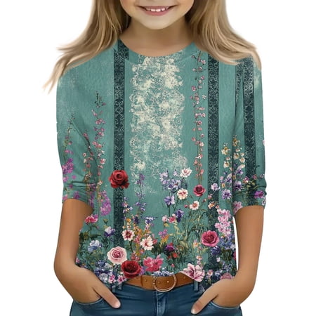 Iaqnaocc Shirts for Child Girls Size 8 3/4 Length Sleeve Cute Western Ethnic Style Pullover Tops Girls Fashion Crew Neck Blouses Casual Soft Gifts for Teen Girls Green 8-9 Years