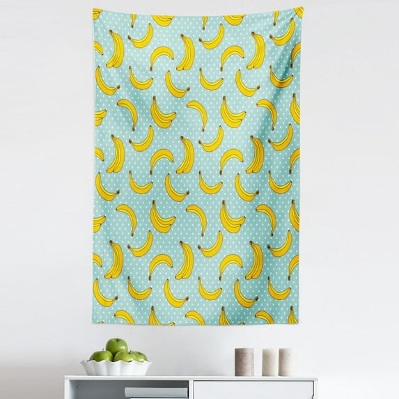 Yellow and Blue Tapestry, Polka Dots Background with Bananas Tropical Fruit Cartoon, Fabric Wall Hanging Decor for Bedroom Living Room Dorm, 5 Sizes, Pale Blue Yellow, by Ambesonne