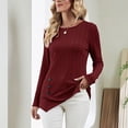 thumbnail image 2 of Wine Red Women's Long Sleeve Crewneck Tunic Top with Irregular Hem and Buttoned Trim for Casual Fashion, Size M, 2 of 6