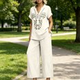 thumbnail image 2 of WULMLEO Women Floral Embroidery Notch Neck Sets Short Sleeve Linen Blend Top Wide Leg Cropped Pants 2 Piece Summer Casual Outfits Beige S, 2 of 7