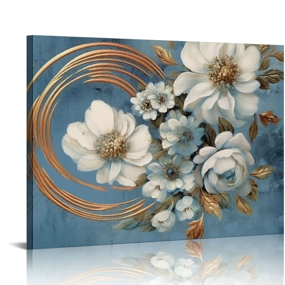 COMIO Teal Flowers Canvas Wall Art Magnolia White Floral Picture Gold Textured Grey Blue Painting Turquoise Artwork Framed for Living Room Bedroom Bathroom Home Office Wall Decor