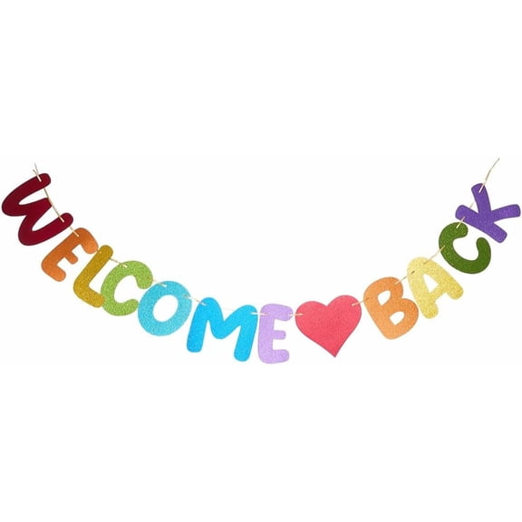 Welcome Back Banner First Day of School Banner Colorful Paper Glitter Classroom Party Heart Bulletin Board Decorations Hanging Garland Sign for Teacher Student Coworker Home Backdrop Supplies