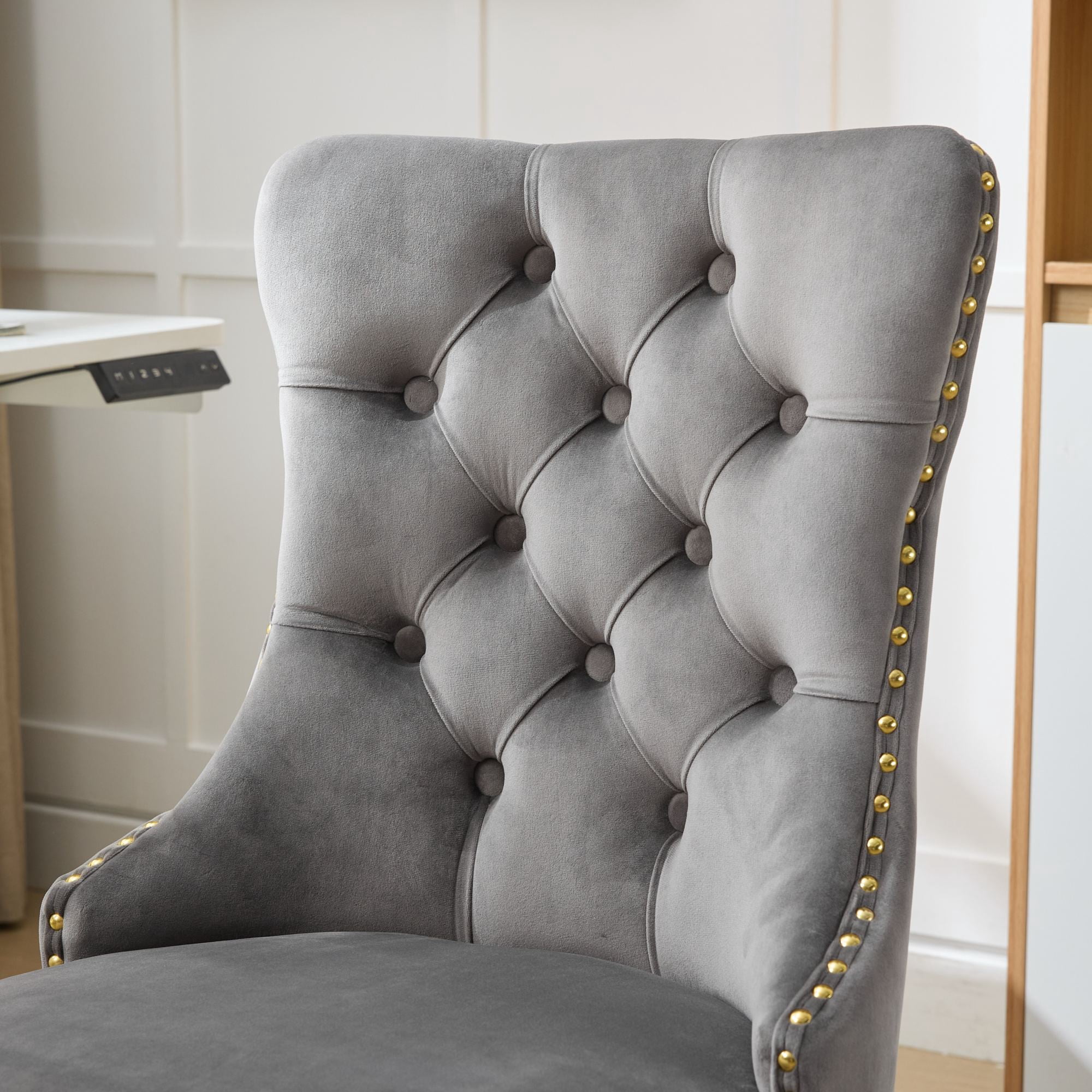 SESSLIFE Swivel Vanity Chair, Modern Office Chair with Wheels, Golden Metal Base, Velvet Upholstered Tufted Button Home Office Chair with Adjustable Height, Ergonomic Home Desk Chair, Grey