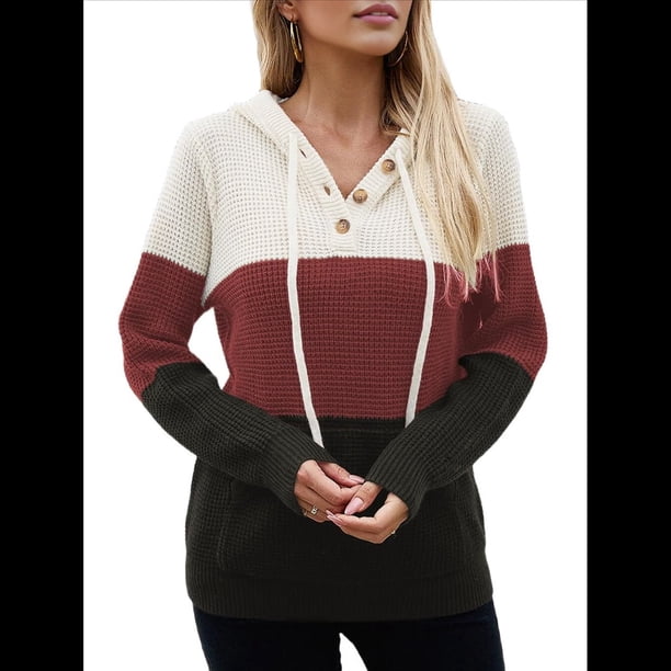 Sudadera de Lana Extragrande con Capucha y Colores Contrastantes para Mujer, de Punto, con Cuello en V, Informal, con Bolsillos y Rojo L