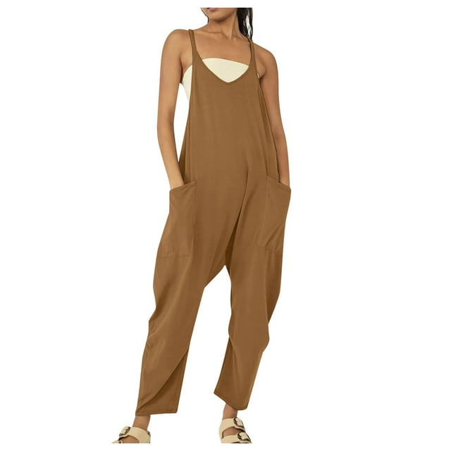 TrendOFT Womens Casual Summer Jumpsuit Fashion Yoga Square Neck Spaghetti Strap Rib Sleeveless Solid Athletic Womens Rompers One Piece Overalls Brown S