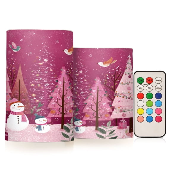 Set of 2 Flameless Candles Lights with Remote Control Flickering LED Candles Electric Candles for Home Decor Parties Pink Christmas Forest