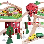 Fun Little Toys 77PCS Wooden Farm Train Set, Magnetic Wood Track with Barn Farm Animals Trees, Expandable Educational Toy, Non-Toxic Wooden Playset, Birthday Christmas Gift for 3-7 Boys Girls