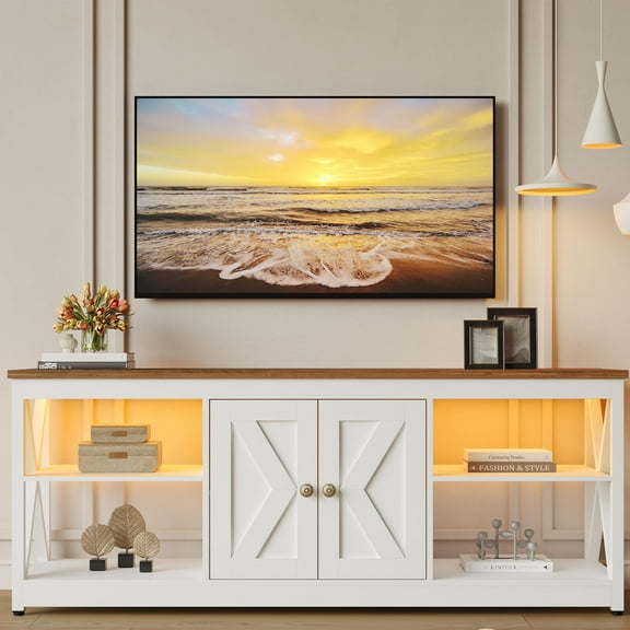 PAPROOS TV Stand for 65 Inch TV, Modern TV Cabinet with LED Light, Mid Century Entertainment Centre, Media Console Table with Storage for Living Room,Brown White