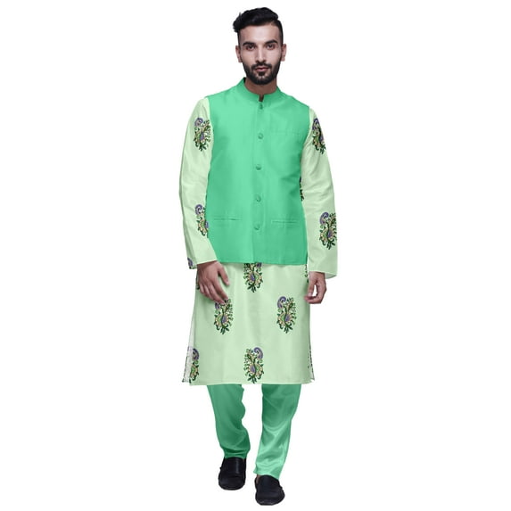 Atasi Printed Kurta With Solid Pajama & Nehru Jacket Set For Mens Party Wear