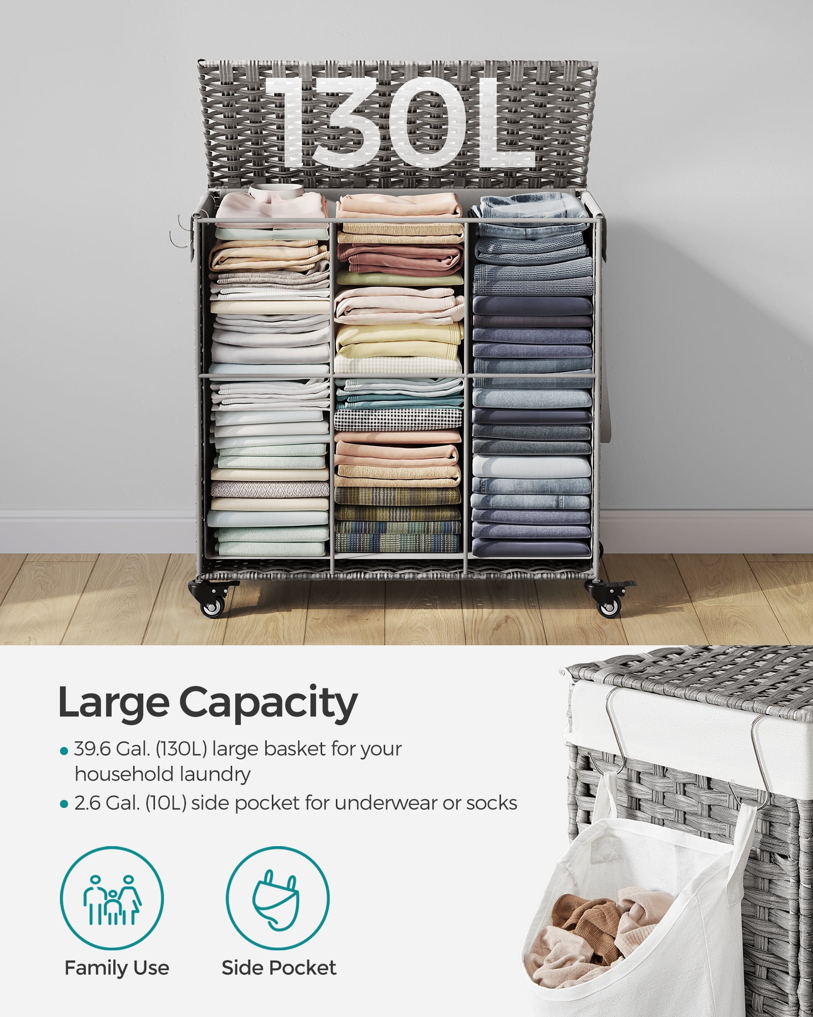 160L Laundry Hamper with Lid Rolling Laundry Basket with Wheels 3-Section Synthetic Rattan Laundry Hamper Removable Liner for Bedroom Gray