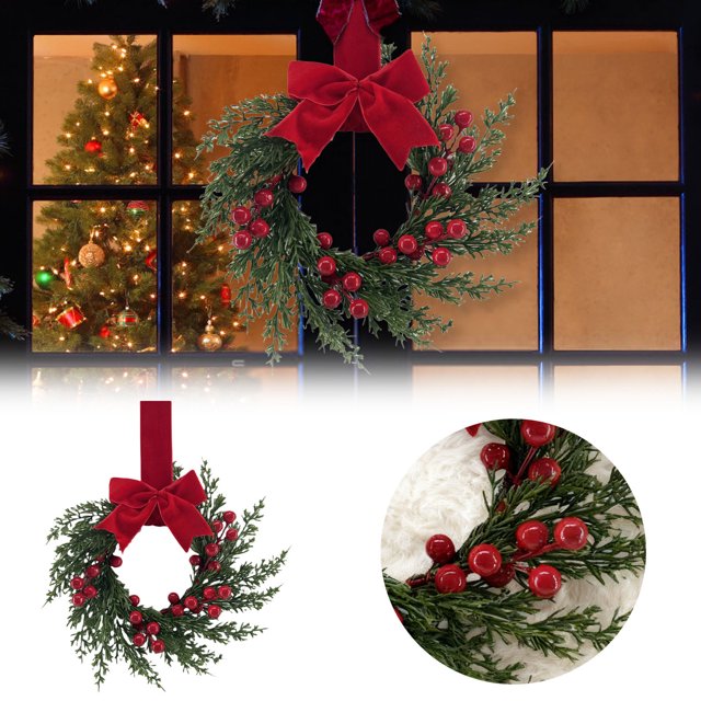 Couronne de Vacances Élégante pour Porte d'Entrée avec Nœud Rouge Classique et Pièce de Cheminée Festive Verte