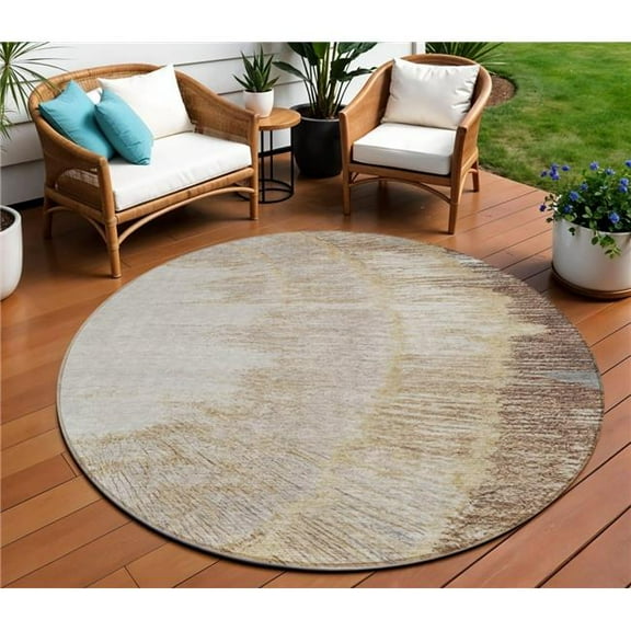 HomeRoots 579945 8 ft. Round Abstract Washable Indoor & Outdoor Area Rug, Brown, Beige & Taupe