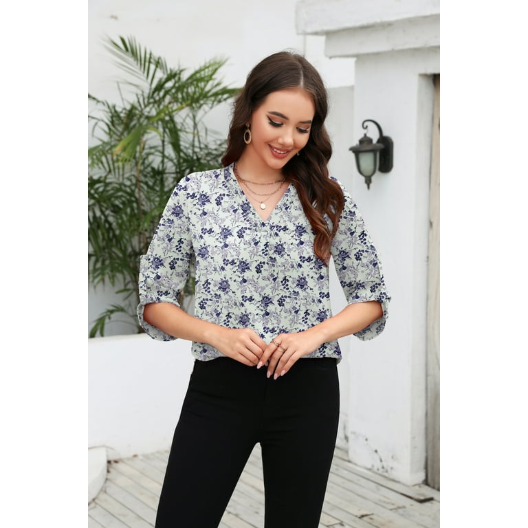 Chiffon Print 3/4 Sleeve V- neck Blouses Chiffon Print 3/4 Sleeve V- neck Blouses
