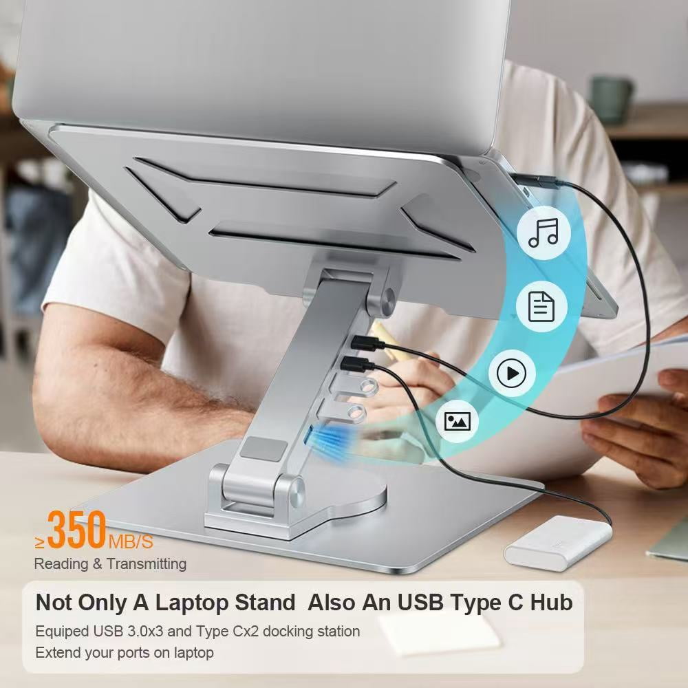 Laptop Stand with Docking Station, 5-Port USB Hub for MacBook Pro Air, Aluminum Alloy Height Adjustable Rotating Stand for Desk, Ergonomic Laptop Riser for Home Office Computer Accessories