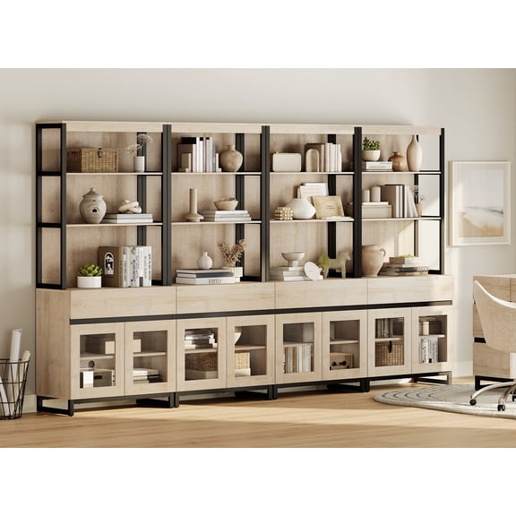 WAMPAT 4 PCS Modern 72" Tall Bookcase with 4 Drawers and Open Book Shelfs, Library Book Shelf with Storage Cabinet and Glass Doors, Wood Freestanding Bookshelves for Home Office, Living Room, Beige