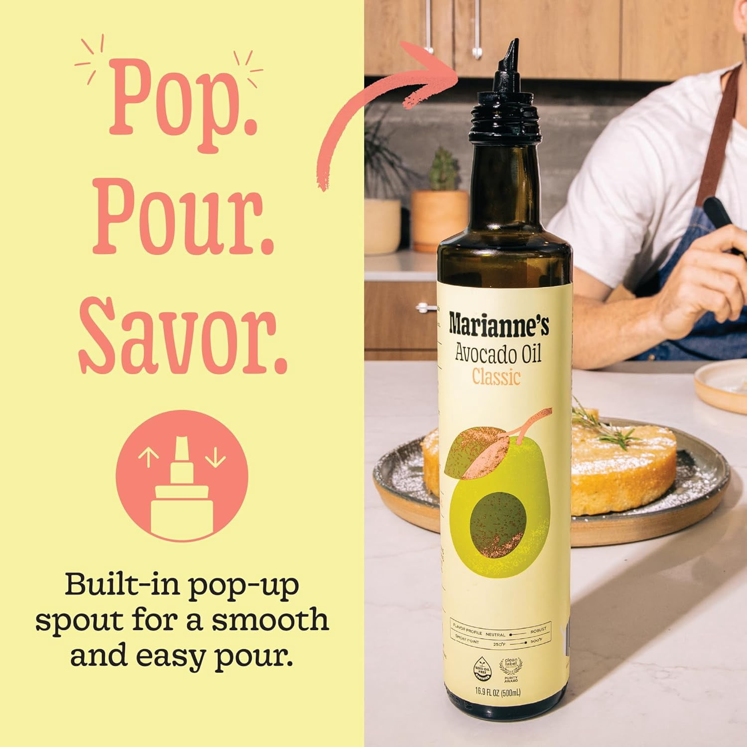 Marianne’s Classic Avocado Oil: 100% Pure Avocado Cooking Oil for Frying, Sautéing & Baking, Neutral Flavor, High-Heat Performance Up to 500°F, Clean Label Project Purity Award, Easy-Pour Bottle