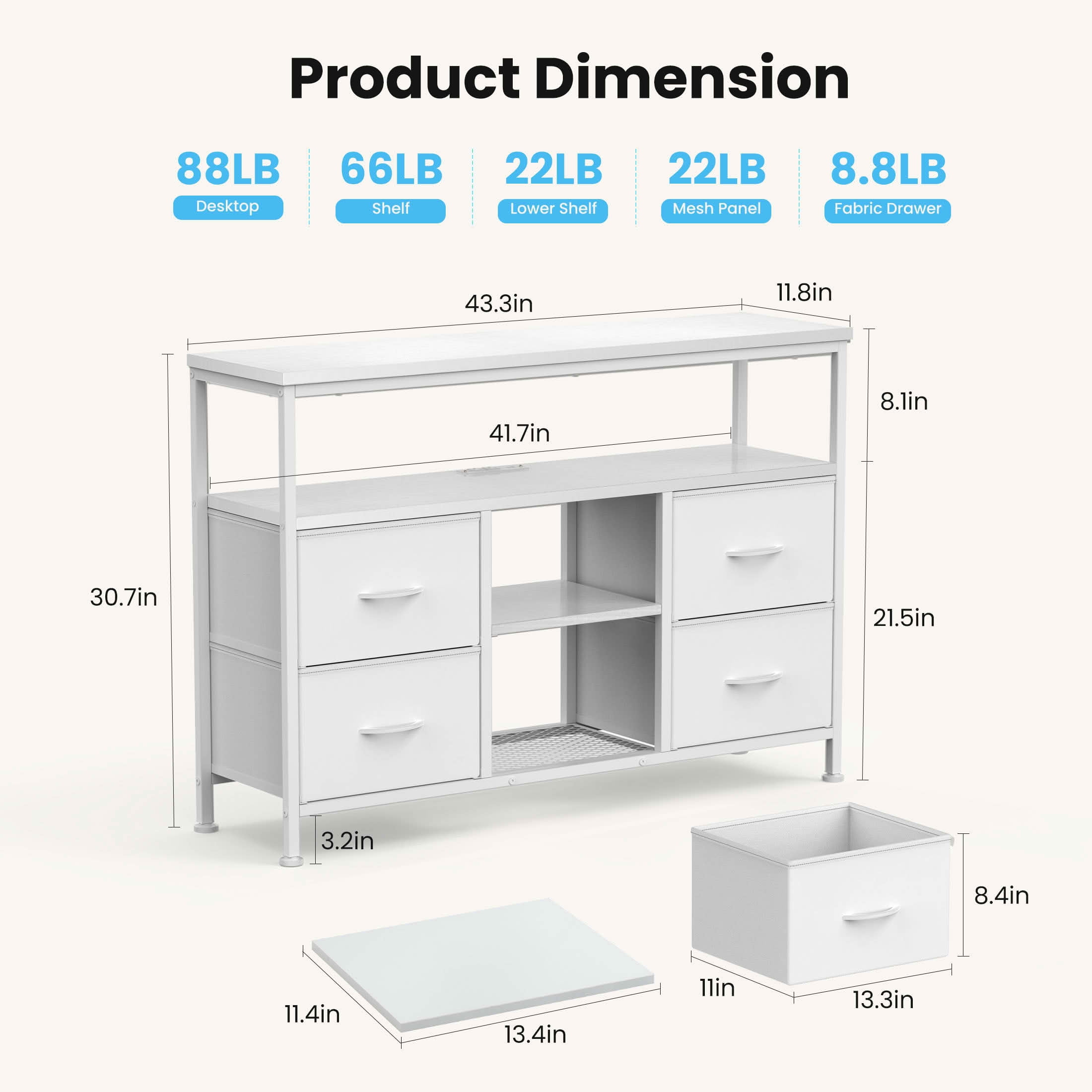 MAYEERTY 50-Inch TV Stand with 4 Drawers LED Lights & Power Sockets, Open Shelves Adjustable Feet