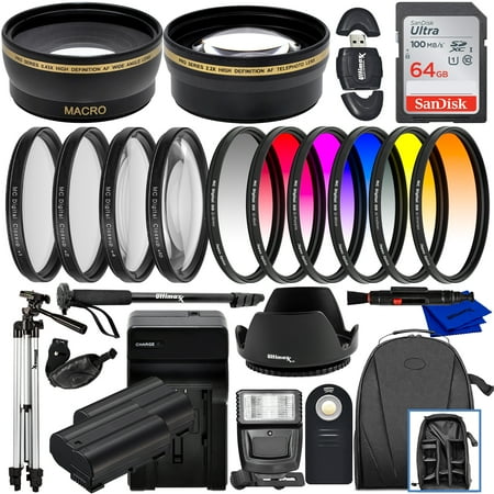 Ultimaxx 55mm Accessory Kit for Nikon D7100 D7200 and D7500 & More - Includes: 64GB Ultra SDXC 2x Replacement EN-EL15 Batteries Infrared Shutter Remote & Much More