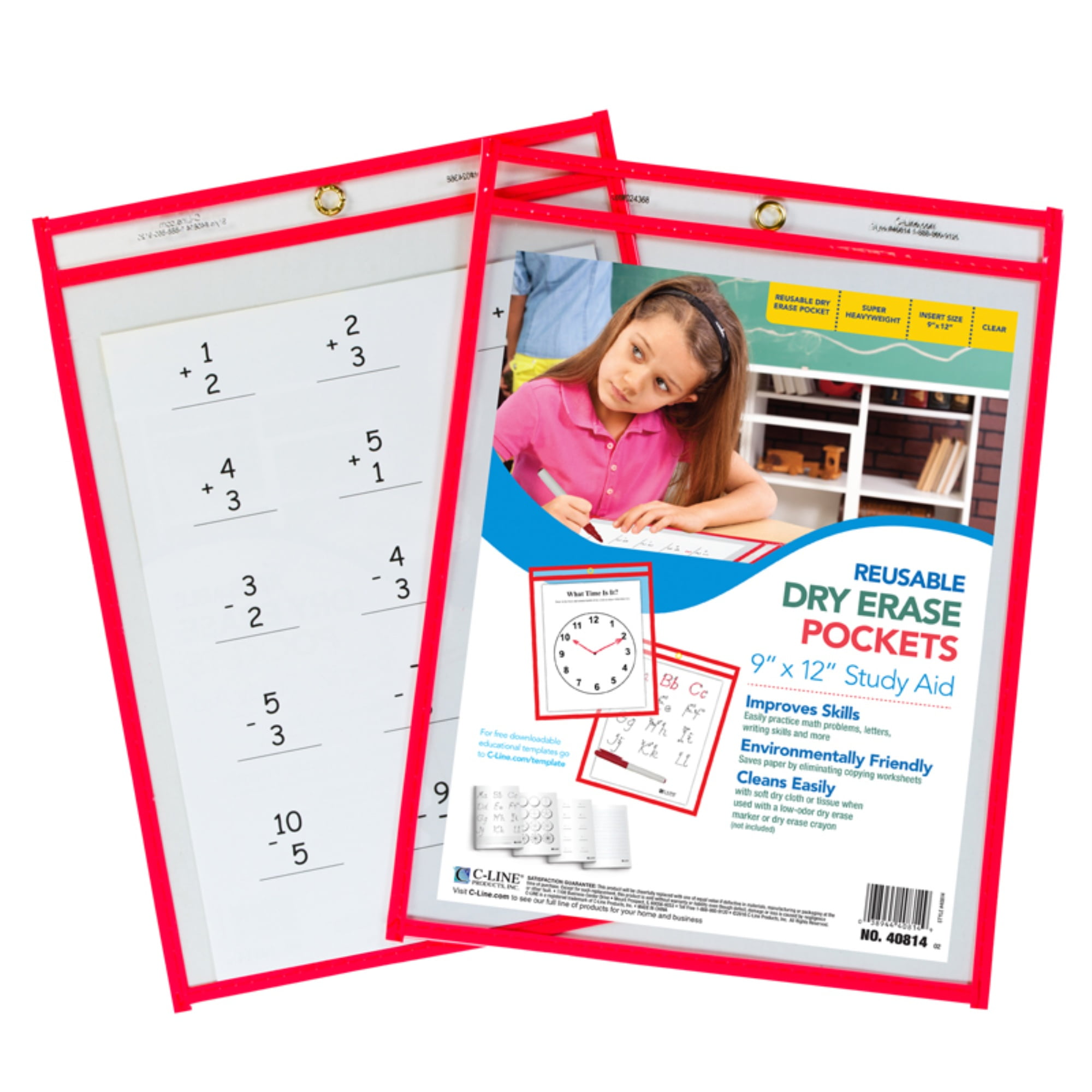 Reusable Dry Erase Pockets, 9" x 12", 1pk, Neon Red