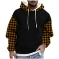 thumbnail image 3 of BiZtdJrK Mens Oversized Plaid Patchwork Sweatshirts with Hooded Casual Kangaroo Pocket Long Sleeve Hoodies Warm Fleece Lined Pullover Christmas Tops, Yellow, L, 3 of 6