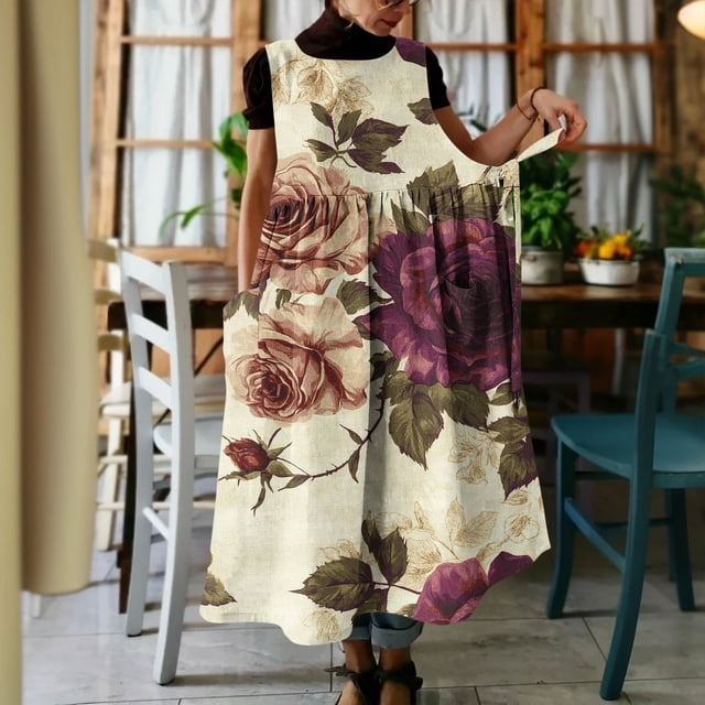 Uootdi Robes Tablier pour Femmes Col Rond Sans Manches Imprimé Floral Poche Robes Maxi Boho Légères Amples Robes Chasuble Cadeau