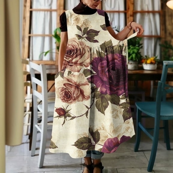 Uootdi Women's Apron Dresses Crew Neck Sleeveless Floral Print Pocket Maxi Dresses Boho Lightweight Loose Pinafore Dresses Gift