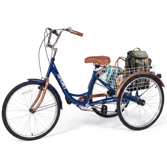 Mousport 26" Adult Tricycle, Carbon Steel 3 Wheel Bikes 7 Speed Trikes with Adjustable Seat Shopping Basket 360lbs Capacity for Seniors/Commuting, Blue Brown