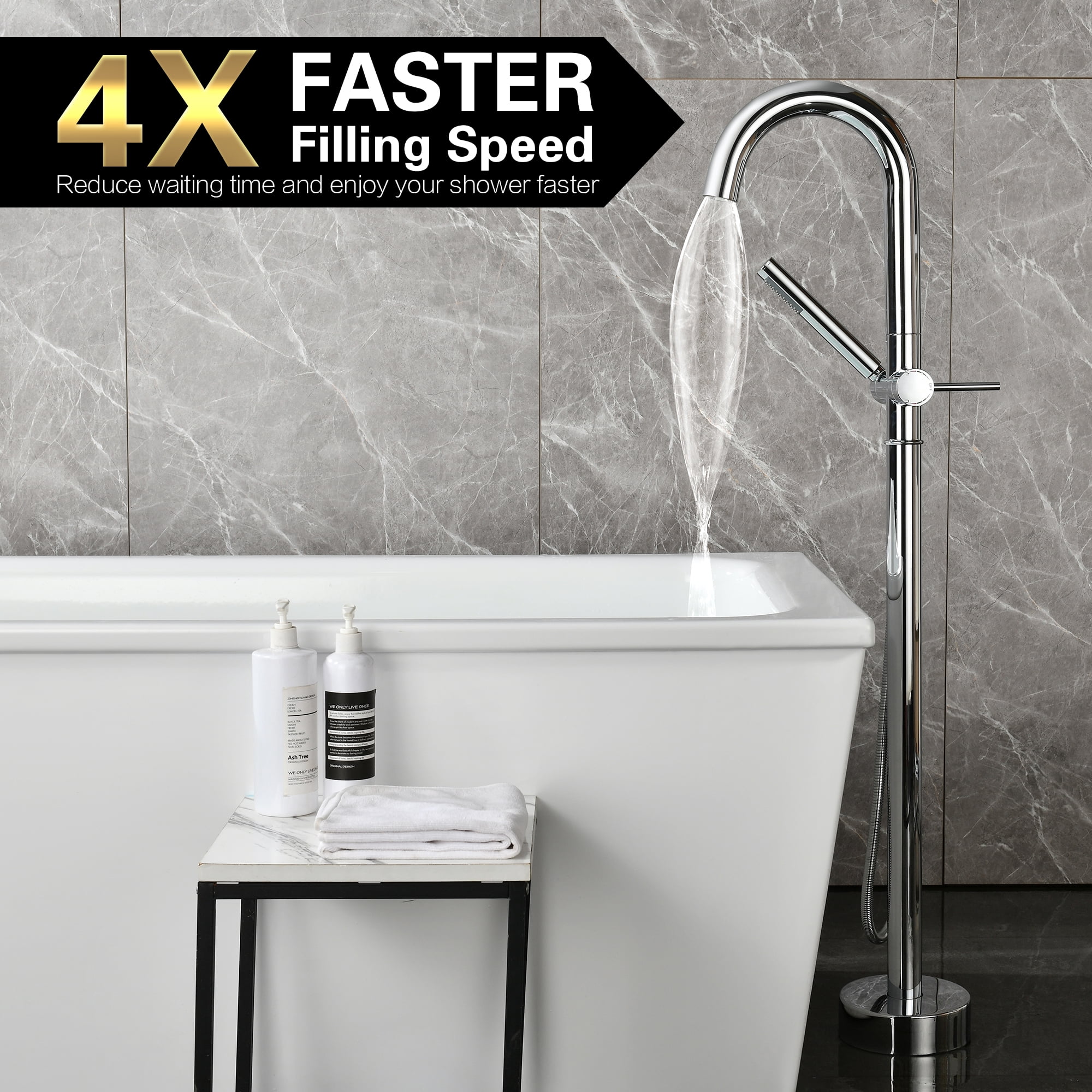 sumerain Brass Freestanding Bathtub Faucet with Handheld Shower, High Flow Floor Mounted Tub Filler Faucet with Swivel Spout Chrome