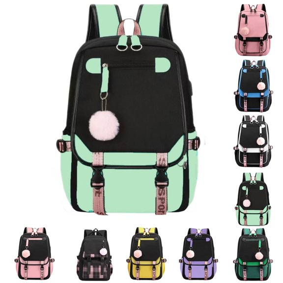 Backpack for Kids - Large Capacity Fresh Color-Block School Bookbag, Breathable Travel Daypack, Lightweight Student Bag for Daily Commute, Pom-Pom Decor for Girls, Green Backpack