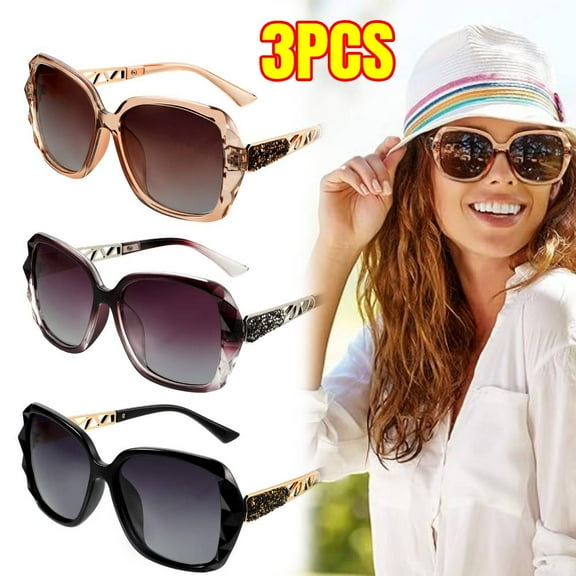 3 Pieces Women Polarized Oversized Sunglasses Shiny Composite Frame Sunglasses Vintage Rhinestone Glasses